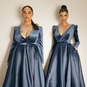 NEW FLOOR LENGTH A-LINE VELVET DRESS WITH V-NECKLINE AND LONG SLEEVES CD226C
